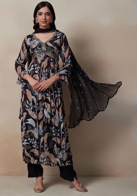 Black Floral Print Embellished Kurta Set With Pants And Dupatta