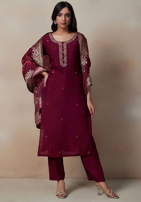 Maroon Cutdana Embellished Kurta Set With Pants And Brocade Dupatta