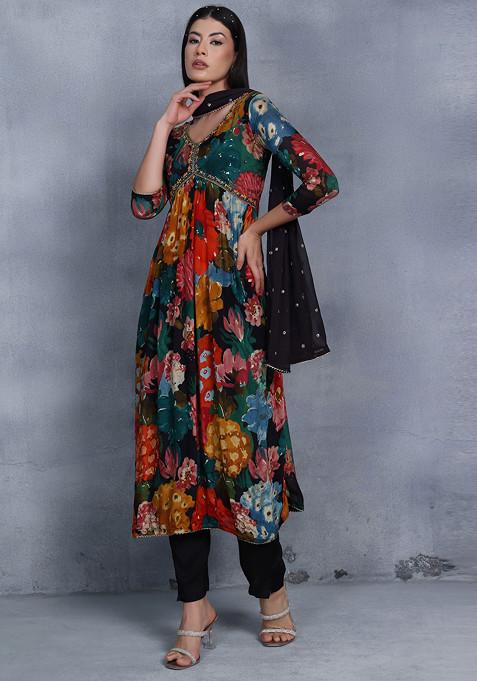 Multicolour Floral Sequin Embellished Kurta Set With Pants And Chiffon Dupatta