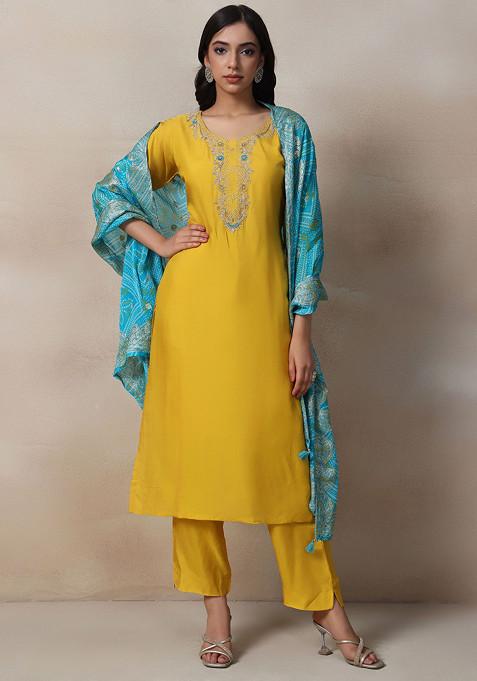 Yellow Bead Embellished Kurta Set With Pants And Printed Dupatta