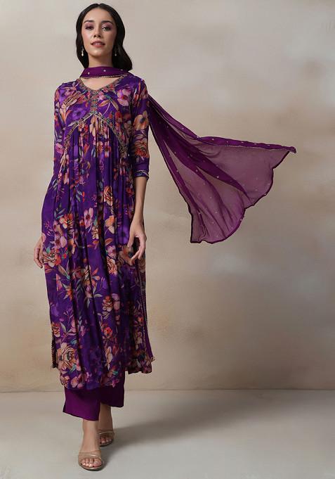 Purple Floral Print Embellished Kurta Set With Pants And Dupatta