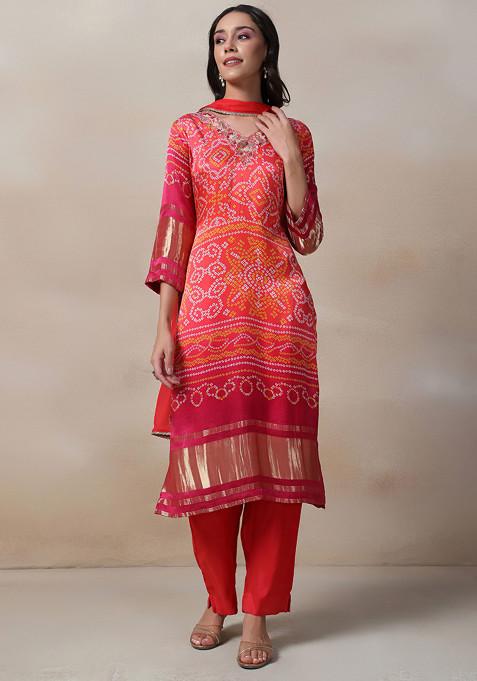 Red Bead Embellished Kurta Set With Pants And Chiffon Dupatta