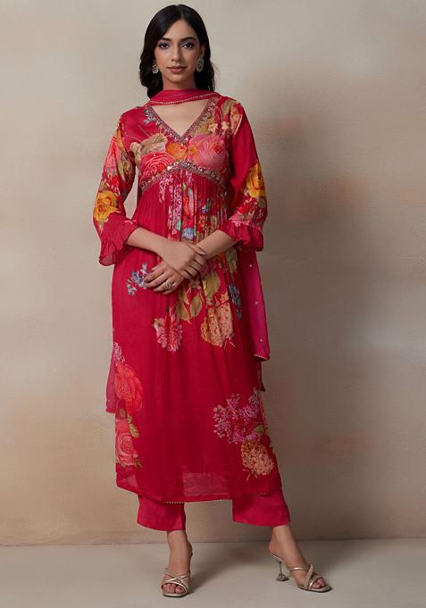 Pink Mirror Floral Print Kurta Set With Pants And Dupatta