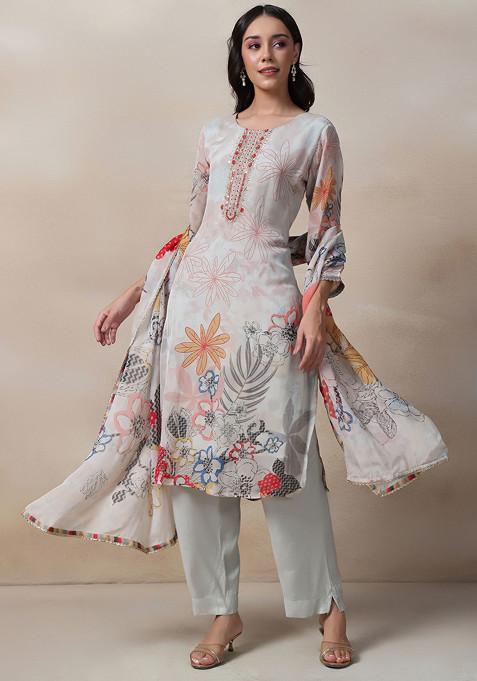 Grey Floral Print Cutdana Embellished Kurta Set With Pants And Dupatta