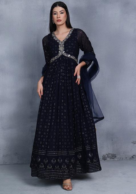 Navy Blue Embroidered Sequin Embellished Anarkali With Dupatta