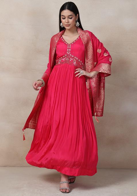 Pink Sequin Embellished Anarkali With Brocade Dupatta