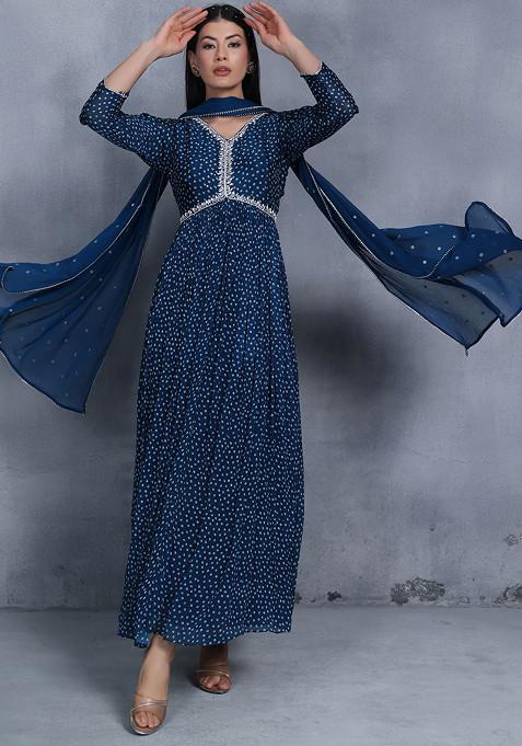 Blue Printed Bead Embellished Anarkali Kurta With Dupatta