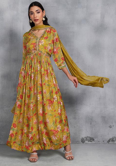 Yellow Floral Print Mirror Embellished Anarkali With Embellished Dupatta