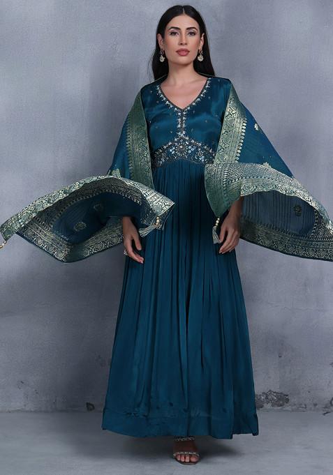 Teal Green Sequin Embellished Anarkali With Brocade Dupatta