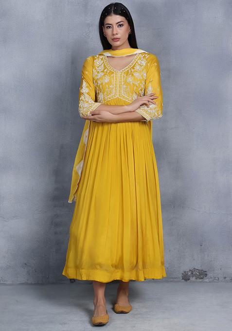 Yellow Sequin Bead Embellished Anarkali With Printed Dupatta