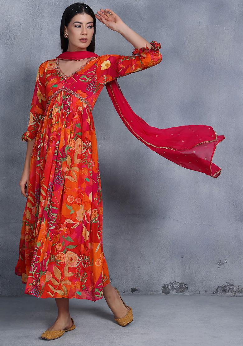 Pink Floral Print Sequin Embellished Anarkali With Dupatta