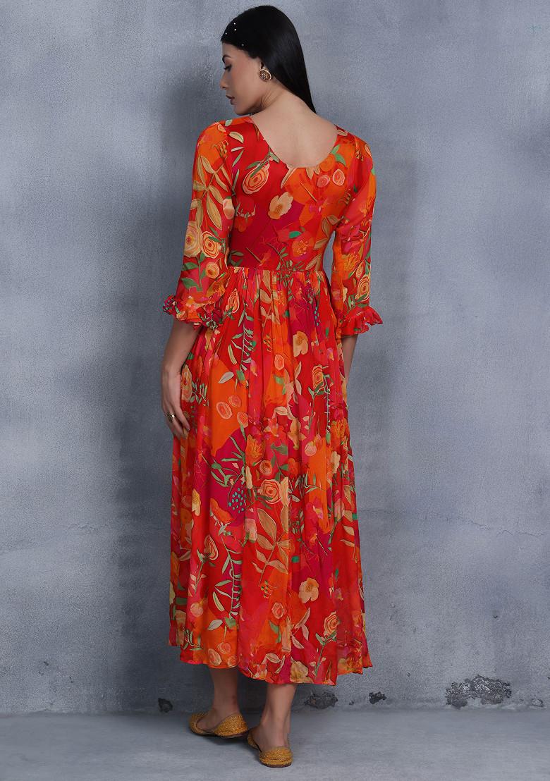 Pink Floral Print Sequin Embellished Anarkali With Dupatta