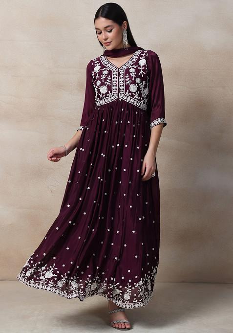 Purple Sequin Bead Embellished Anarkali With Dupatta