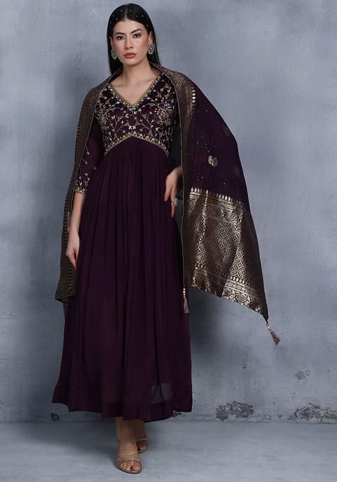 Dark Purple Mirror Embellished Anarkali Kurta With Brocade Dupatta