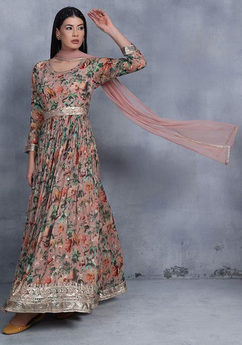 Peach Floral Print Sequin Anarkali With Dupatta