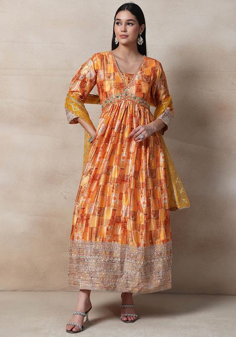 Yellow Abstract Print Sequin Embellished Anarkali With Dupatta