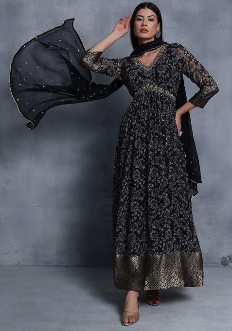 Black Floral Print Sequin Embellished Anarkali With Dupatta