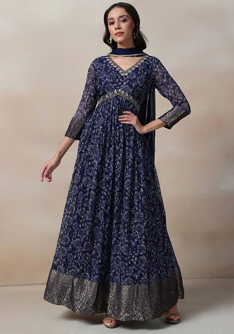 Navy Blue Floral Print Sequin Embellished Anarkali With Dupatta