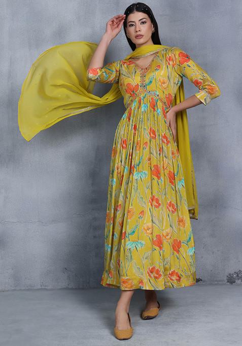 Yellow Floral Print Embellished Anarkali With Dupatta