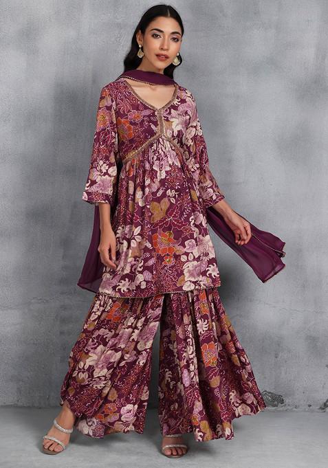 Purple Floral Print Sharara Set With Printed Kurta And Dupatta