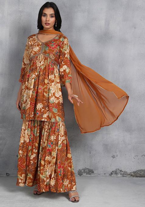 Mustard Yellow Floral Print Sharara Set With Printed Kurta And Dupatta