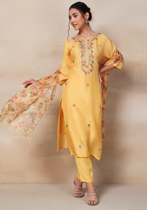 Yellow Floral Bead Embellished Kurta Set With Pants And Printed Dupatta