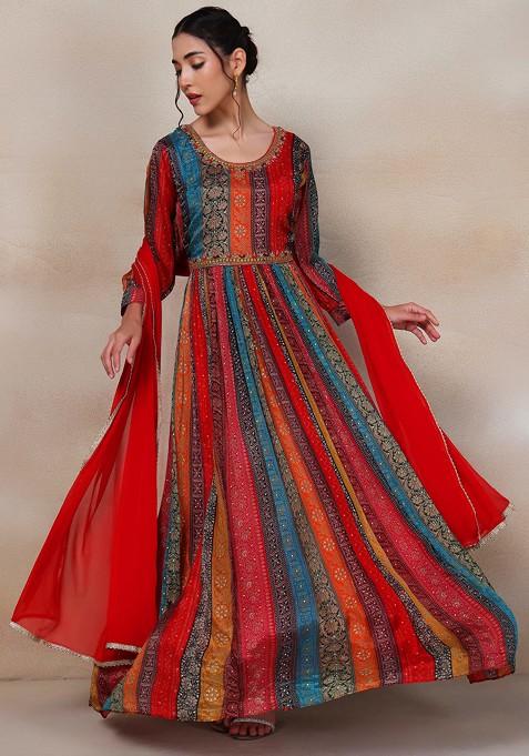 Multicolour Cutdana Embellished Floral Print Anarkali With Dupatta