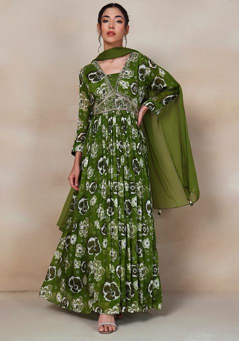 Green Sequin Cutdana Embellished Floral Print Anarkali With Dupatta