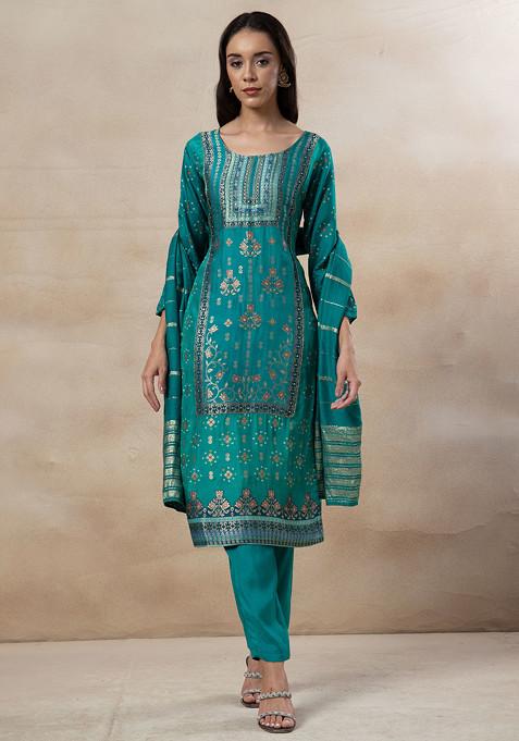 Green Cutdana Sequin Embellished Kurta Set With Pants And Brocade Dupatta