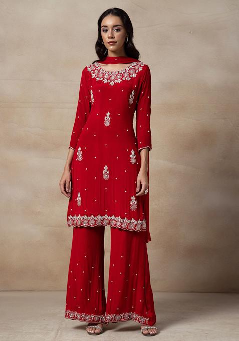 Red Cutdana Sequin Embellished Kurta Set With Embellished Palazzo And Dupatta