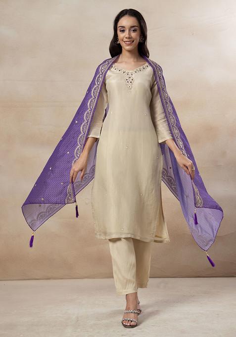 Purple Gold Cutdana Mirror Sequin Embellished Kurta Set With Pants And Dupatta