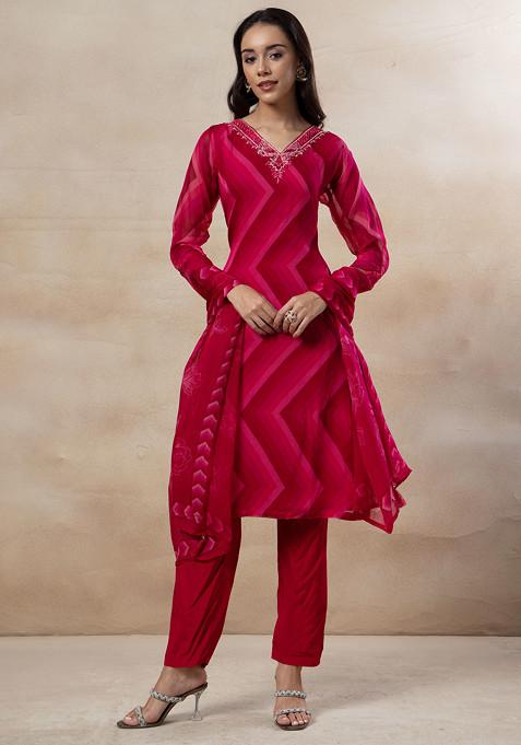 Pink Cutdana Sequin Embellished Kurta Set And Solid Pants With Dupatta