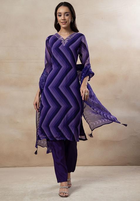 Purple Cutdana Sequin Embellished Kurta Set And Solid Pants With Dupatta