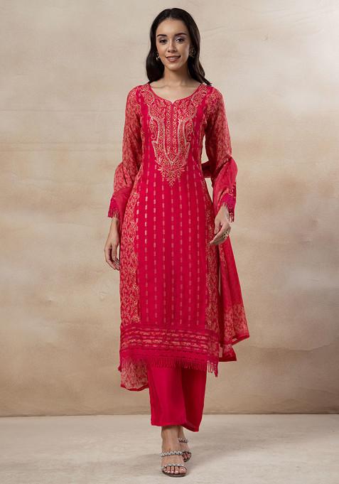 Rani Pink Floral Print Sequin Embroidered Kurta Set With Pants And Printed Dupatta