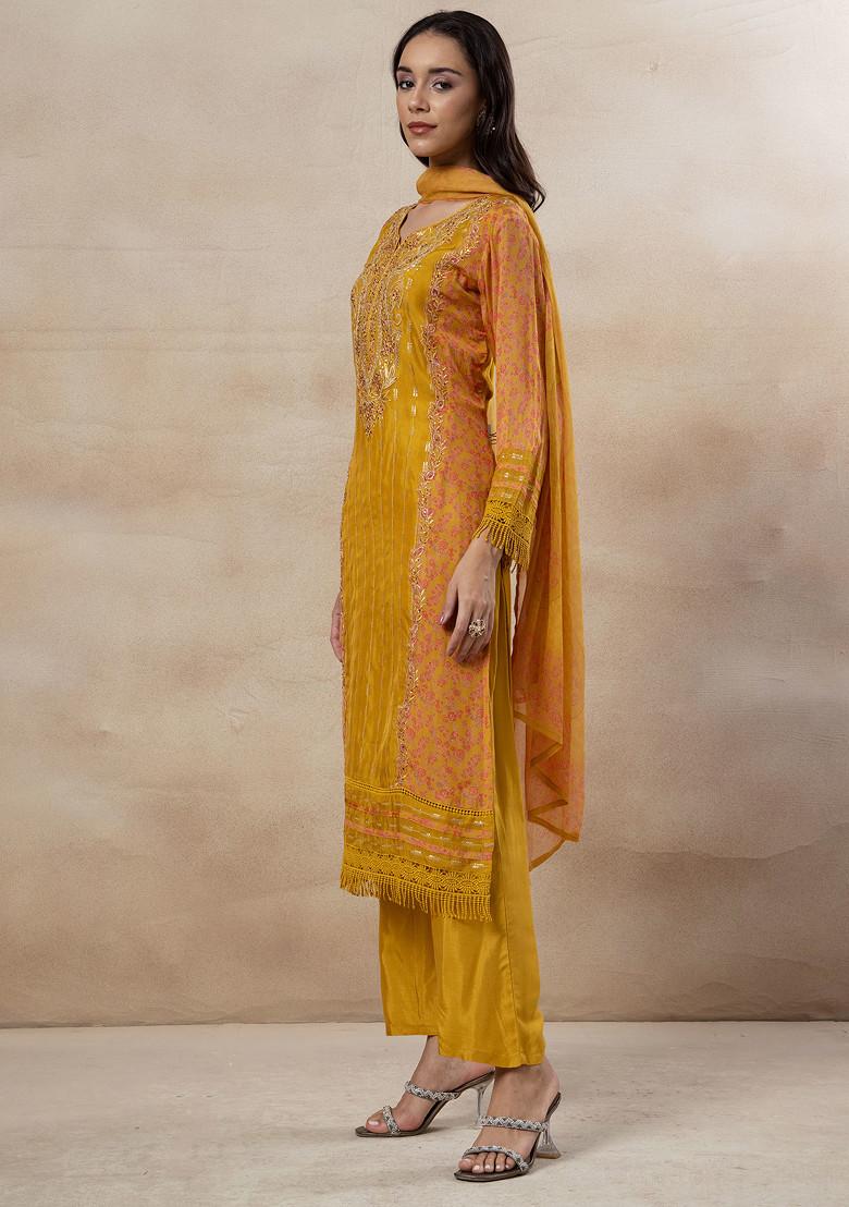 Mustard Yellow Floral Print Sequin Embroidered Kurta Set With Pants And Dupatta