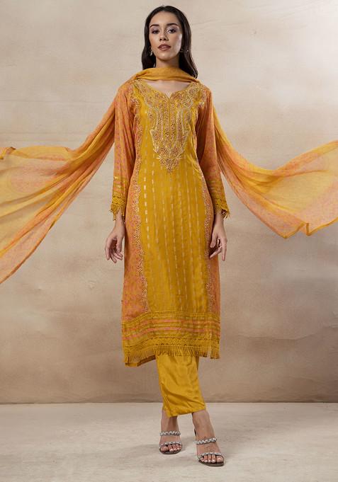 Mustard Yellow Floral Print Sequin Embroidered Kurta Set With Pants And Dupatta