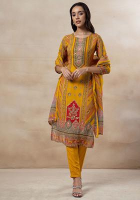 Buy Women Mustard Floral Print Sequin Embellished Kurta Set With Pant ...