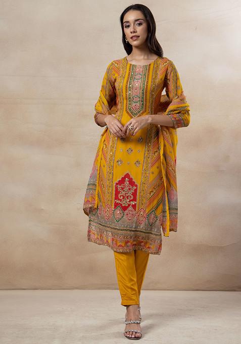 Mustard Floral Print Sequin Embellished Kurta Set With Pant And Floral Print Dupatta