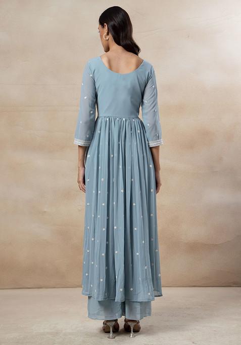Sky Harmony Embroidered Kurta Set with Matching Trouser & Dupatta