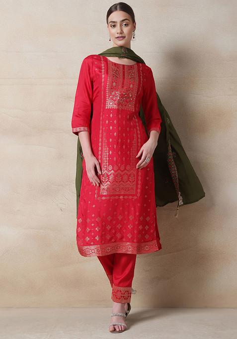 Rani Pink Cutdana Embellished Kurta Set With Pants And Green Dupatta