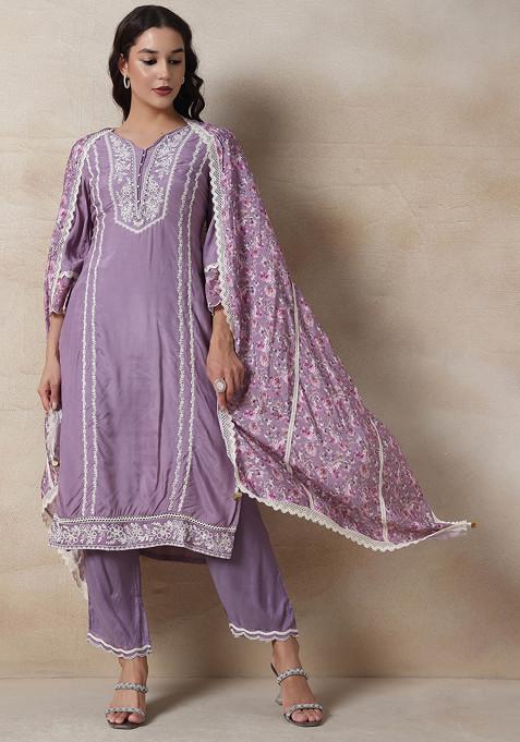 Purple Floral Embroidered Embellished Kurta Set With Pants And Dupatta