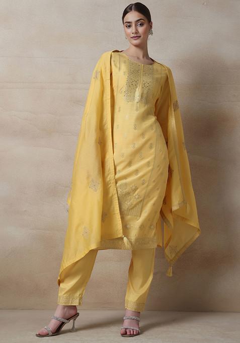 Yellow Bead Sequin Embellished Kurta Set With Pants And Embroidered Dupatta