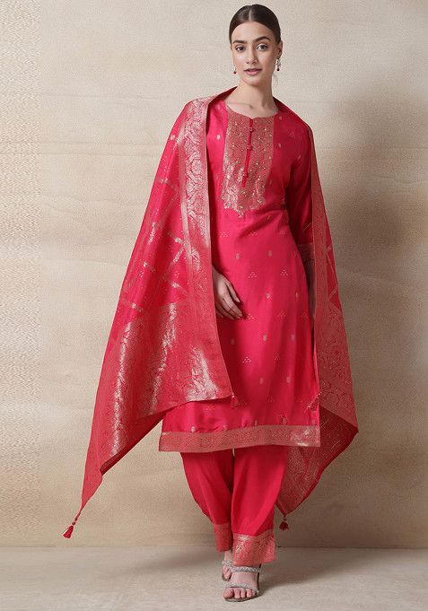 Pink Cutdana Sequin Embellished Kurta Set With Pants And Dupatta