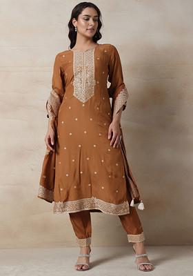 Brown Floral Embroidered Kurta Set With Pants And Dupatta