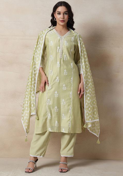 Green Floral Print Kurta Set With Pants And Printed Dupatta