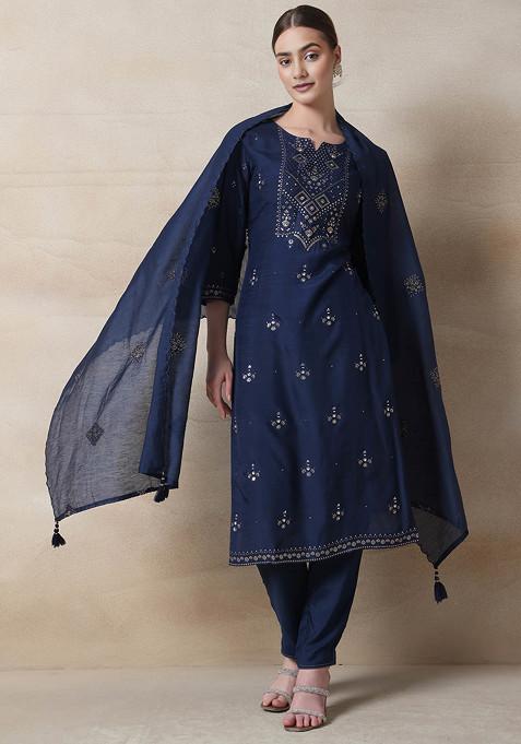 Navy Blue Bead Sequin Embellished Kurta Set With Pants And Dupatta