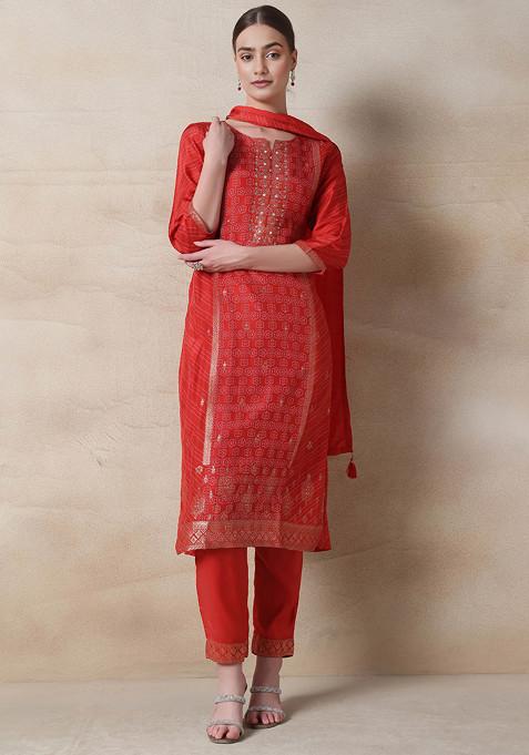 Red Bandhani Print Kurta Set With Pants And Dupatta