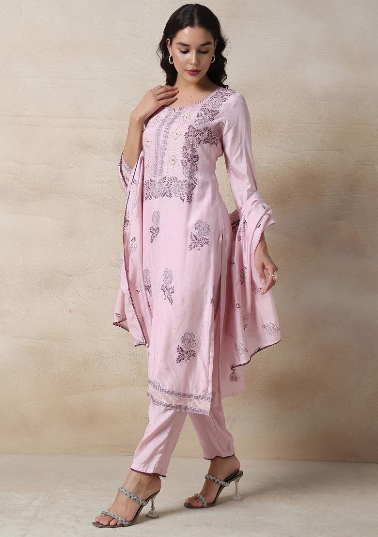 Pink Floral Print Kurta Set With Pants And Printed Dupatta
