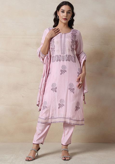 Pink Floral Print Kurta Set With Pants And Printed Dupatta