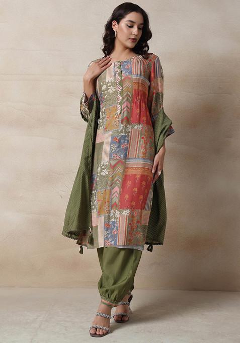 Multicolour Floral Print Embellished Kurta Set With Pants And Green Dupatta